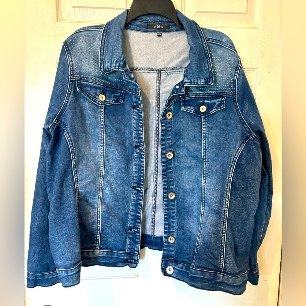 DKin NWOT Sturdy Denim Jacket With Silver Beading on Shoulders